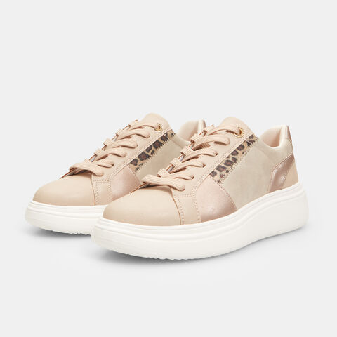 Sneakers para mujer con suela de plataforma y detalle animal print, Beige Sneakers para mujer con suela de plataforma y detalle animal print, Beige